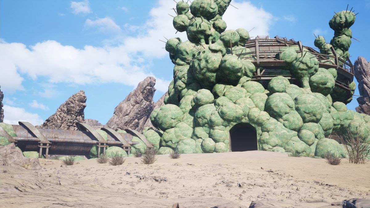 אזור פרוטורלי בקוסטה דל סול של Final Fantasy 7 Rebirth, מתעצב בכור מכוסה קקטוס