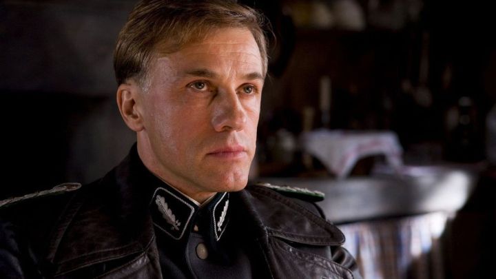 Christoph Waltz as Hans Landa looking intently in the film Inglourious Basterds