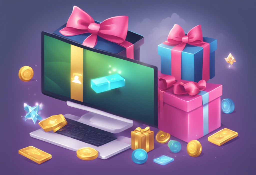 A computer screen displaying a Steam gift notification with a game title and sender's name. A digital gift box icon is shown with a ribbon and bow