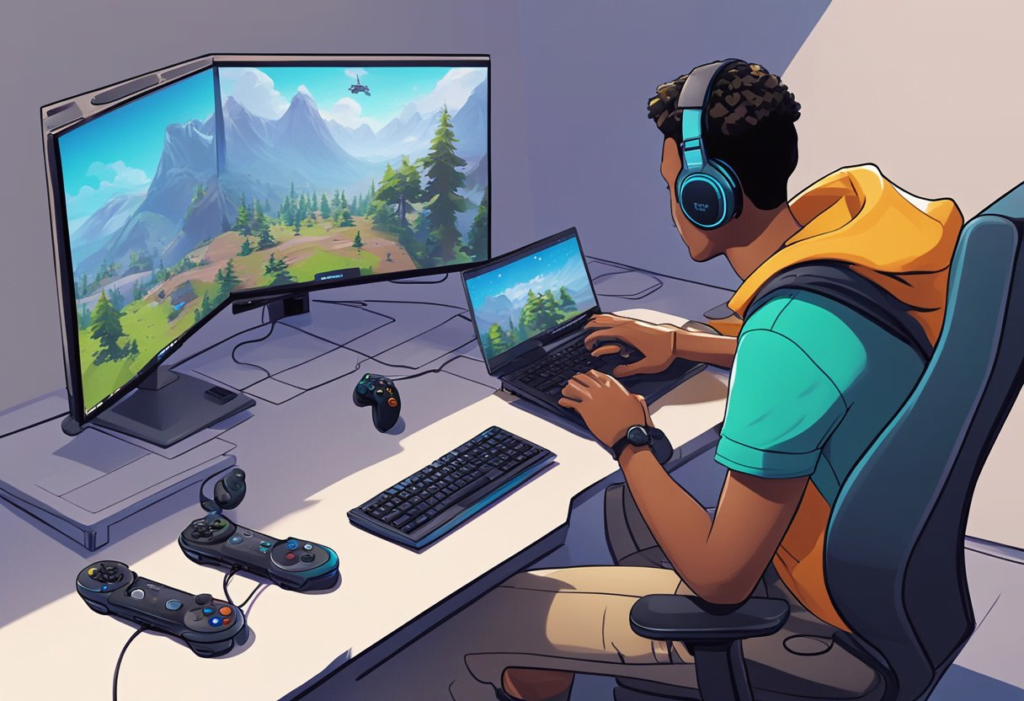 A person sitting at a desk with a PC and a PS4 controller, playing Fortnite with both devices connected and in use simultaneously