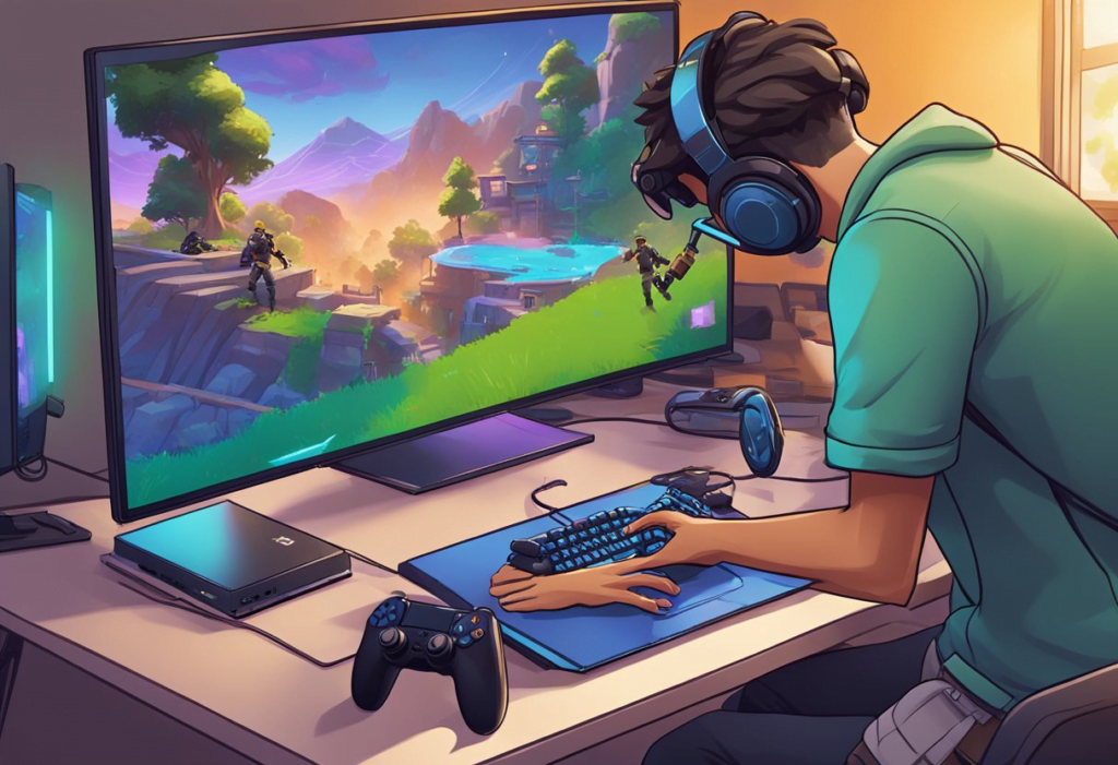 A person connects a PC and PS4 to play Fortnite, following on-screen instructions