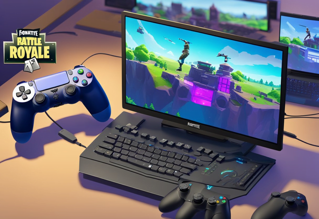 A PC and PS4 set up with controllers, keyboard, and mouse, with the game "Fortnite" displayed on the screen