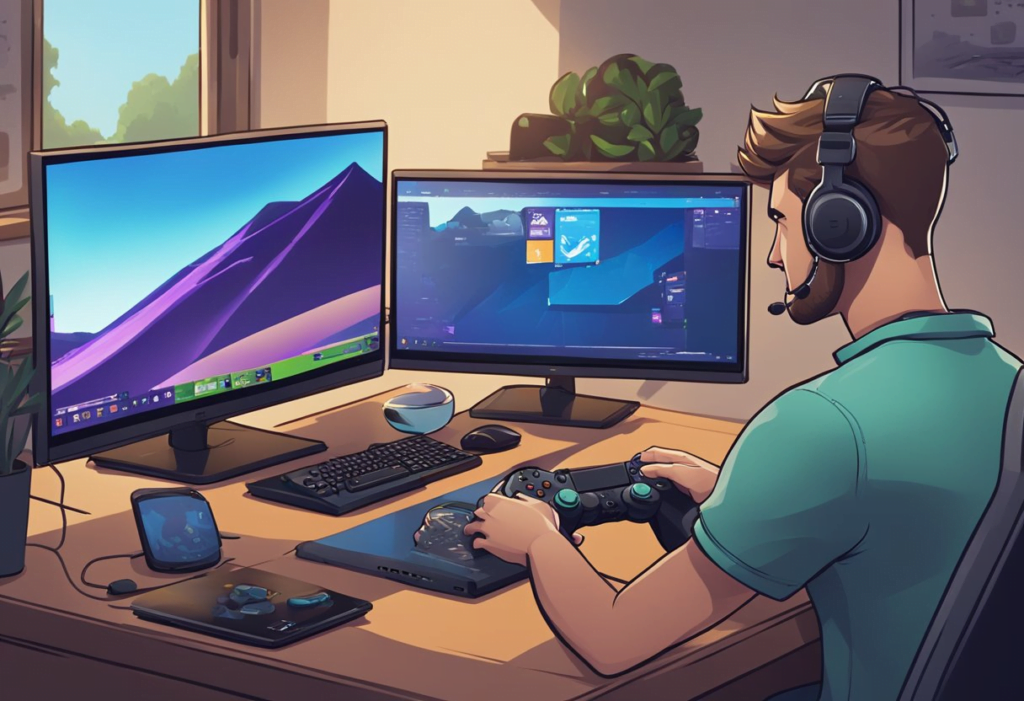 A person sits at a desk with a PC and a PS4 controller, playing Fortnite. Screens show game action and communication tools in use