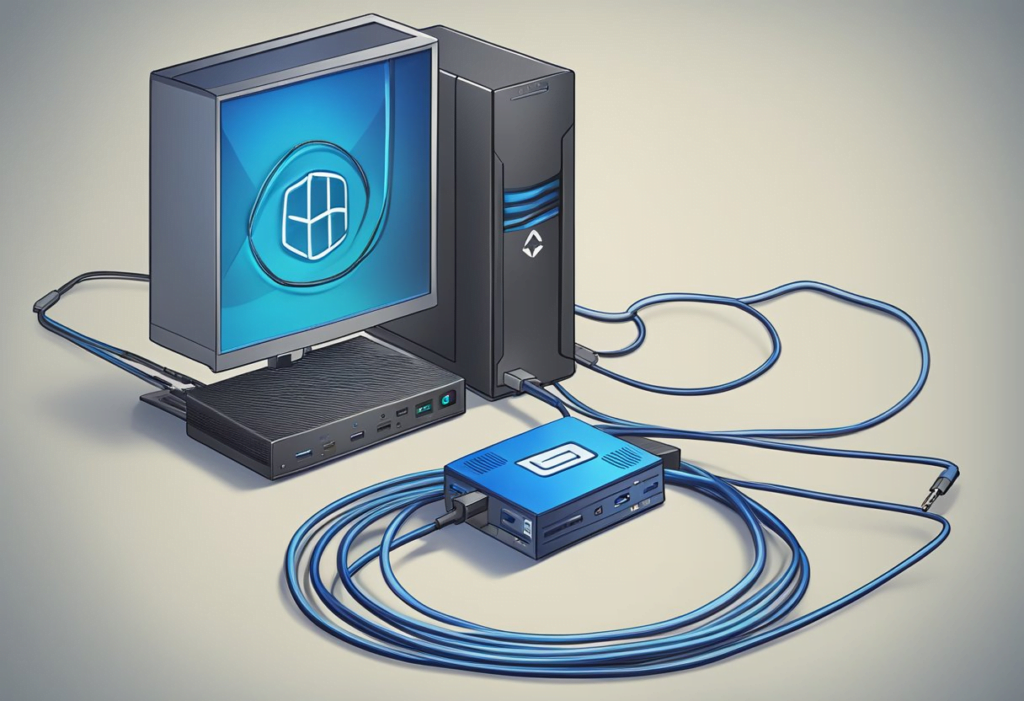 A PC and a PS4 connected by ethernet cables, with a secure lock symbol displayed on the screen