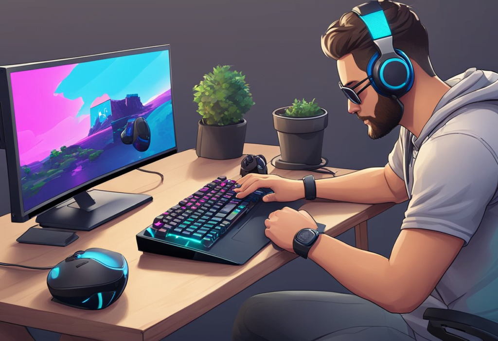 A player on a PC using a mouse to make in-game purchases while playing Fortnite, with a PS4 controller nearby