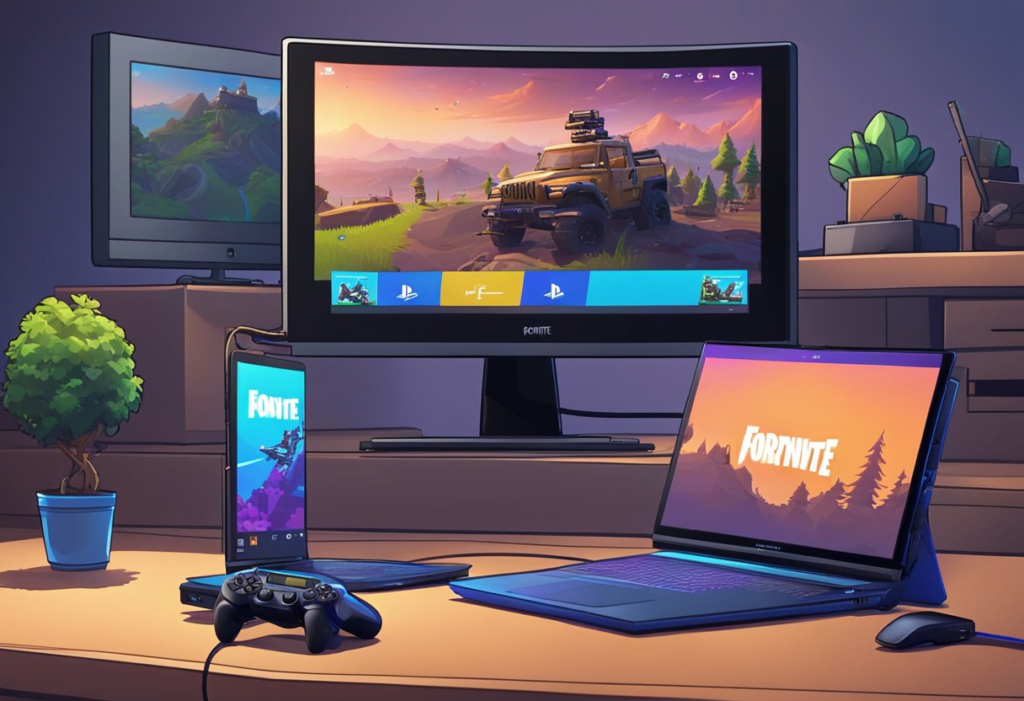 A PC and a PS4 connected by a cable, with a controller and a keyboard nearby. Fortnite game on both screens, with a FAQ page open on the PC