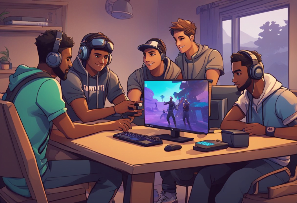 A group of gamers gather around a computer and a PS4, exchanging tips and strategies for playing Fortnite together. Support and camaraderie are evident in their animated discussions