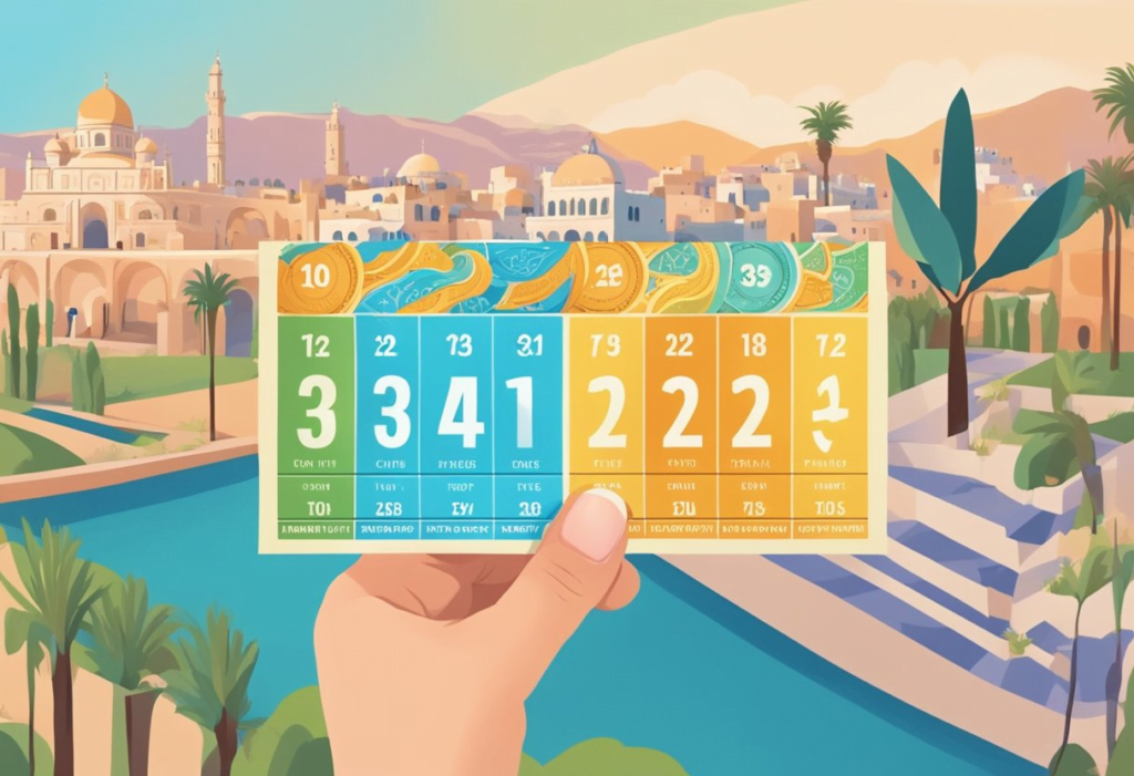 A hand holding a lottery ticket with the numbers 1, 2, and 3 circled. A colorful backdrop of iconic Israeli landmarks