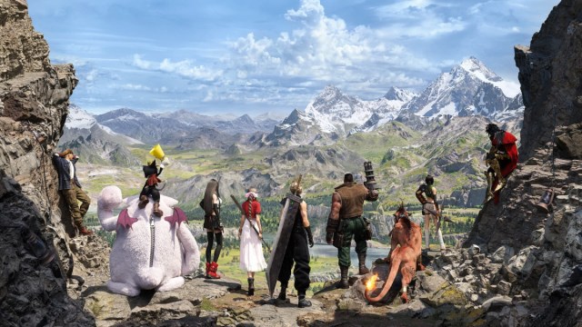 מסיבה מרכזית יושבים יחד ומשקיפים על העולם הפתוח ב-Final Fantasy VII Rebirth