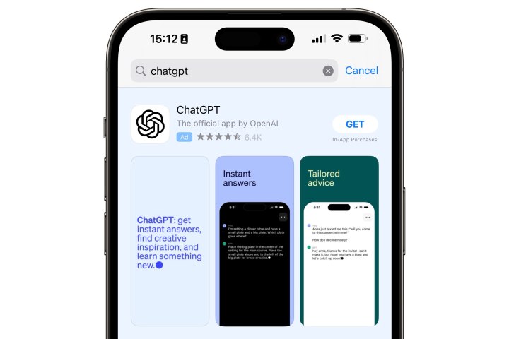 דף ChatGPT בתוצאות החיפוש של iPhone App Store.